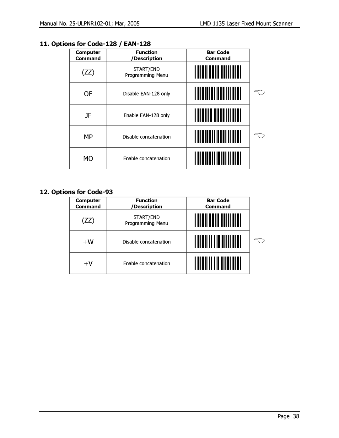 Opticon LMD 1135 user manual Options for Code-128 / EAN-128, Options for Code-93 