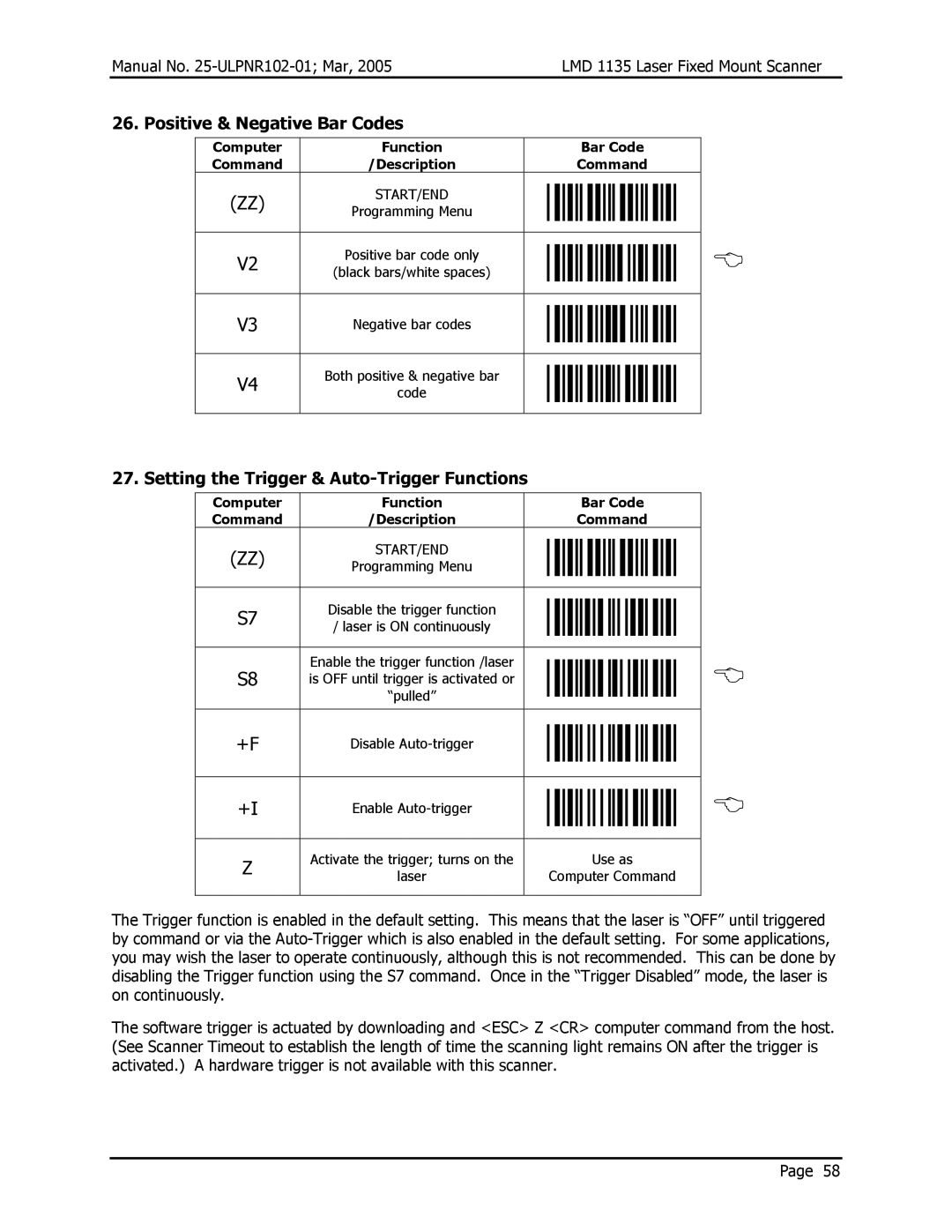 Opticon LMD 1135 user manual Positive & Negative Bar Codes, Setting the Trigger & Auto-Trigger Functions 