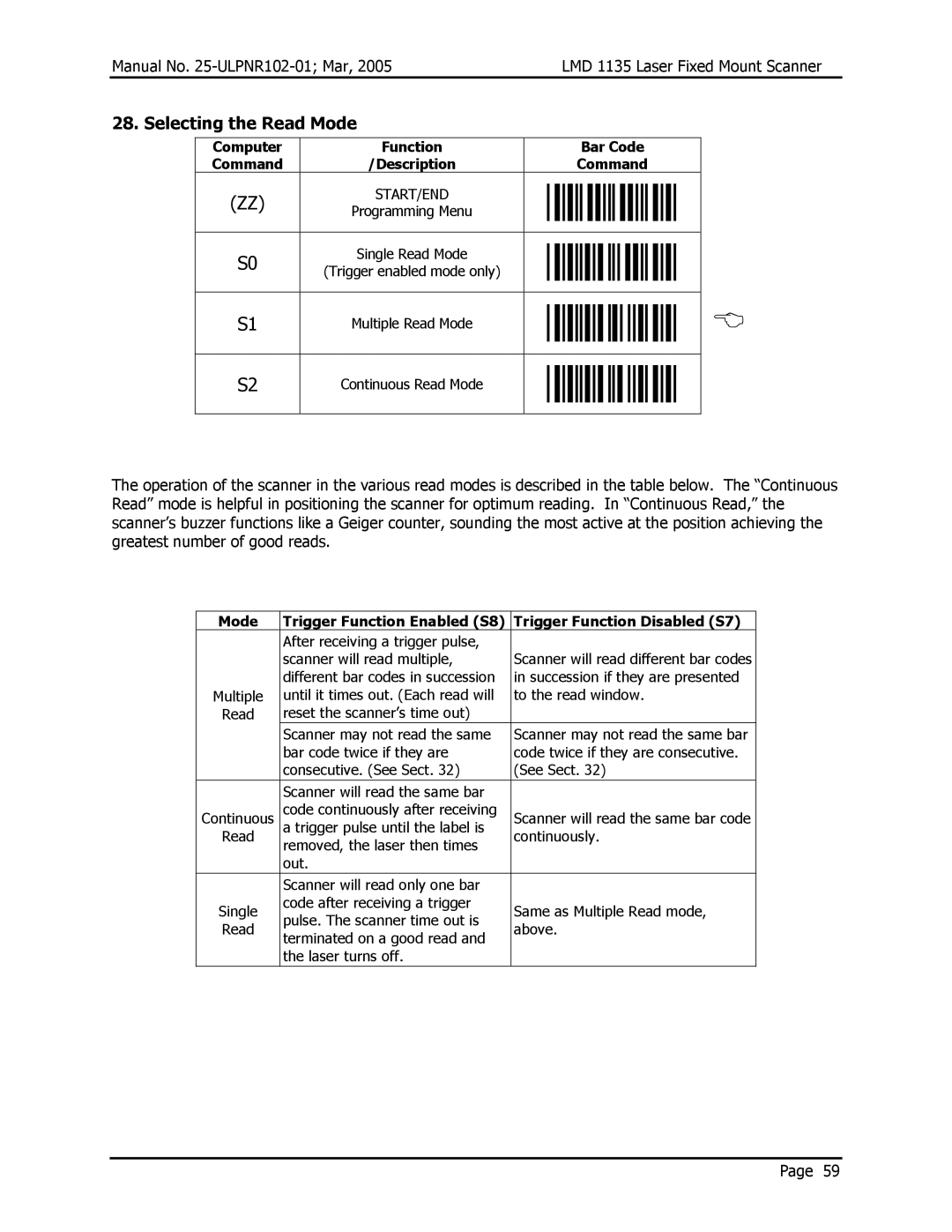 Opticon LMD 1135 user manual Selecting the Read Mode, Trigger Function Enabled S8 Trigger Function Disabled S7 