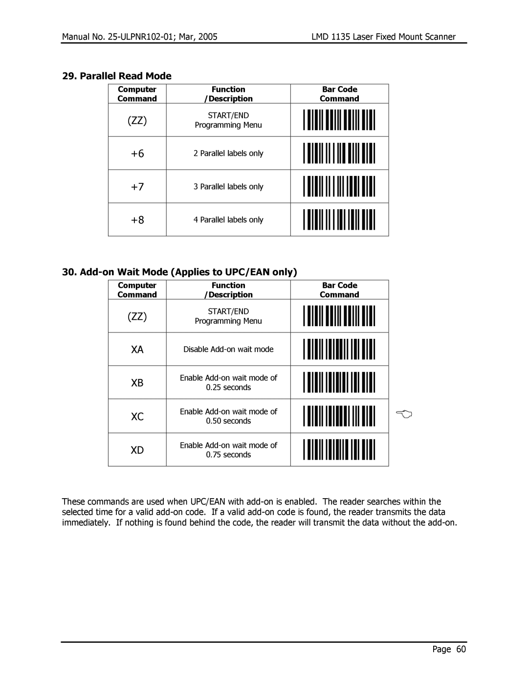 Opticon LMD 1135 user manual Parallel Read Mode, Add-on Wait Mode Applies to UPC/EAN only, Parallel labels only 