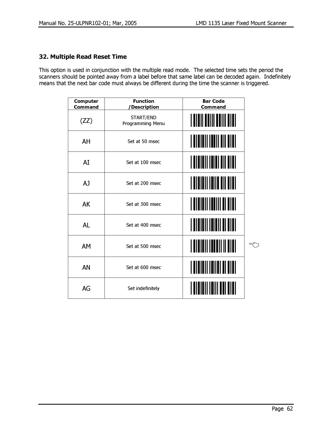 Opticon LMD 1135 user manual Multiple Read Reset Time 