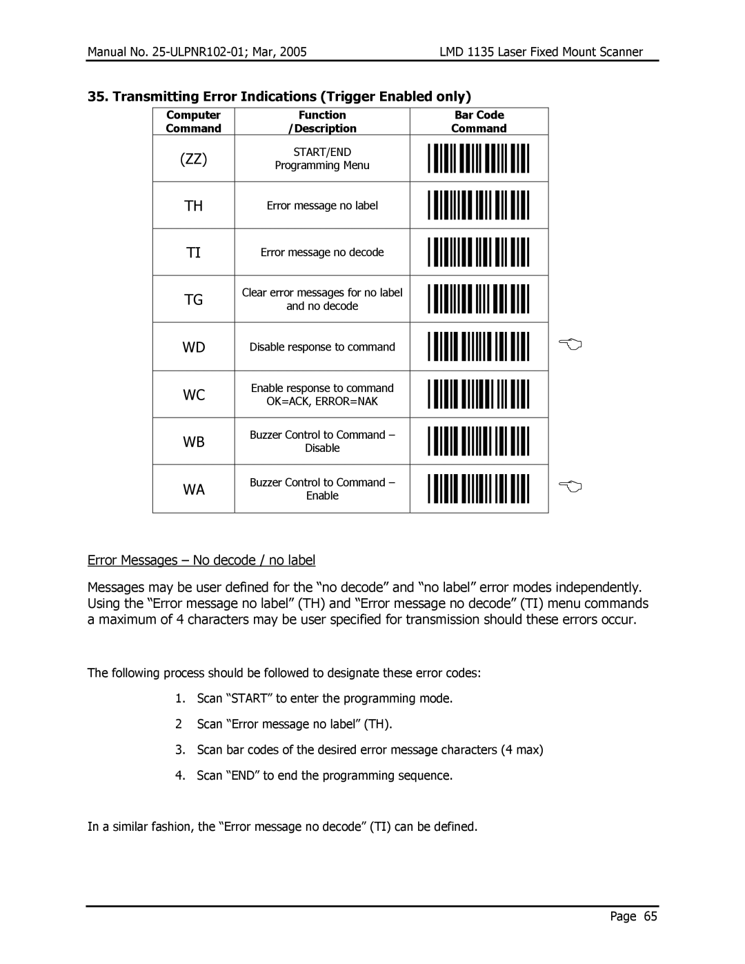 Opticon LMD 1135 user manual Transmitting Error Indications Trigger Enabled only, Error Messages No decode / no label 