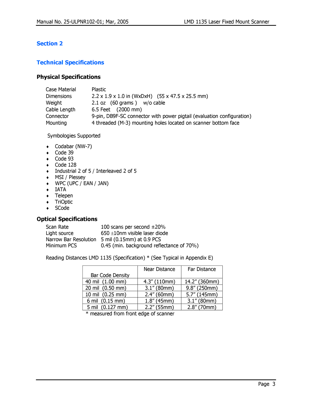 Opticon LMD 1135 user manual Section Technical Specifications, Physical Specifications, Optical Specifications 