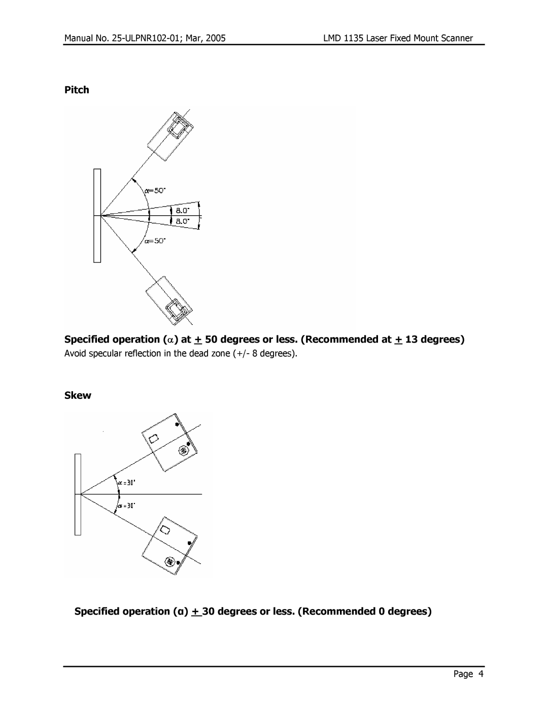 Opticon LMD 1135 user manual Avoid specular reflection in the dead zone +/- 8 degrees 