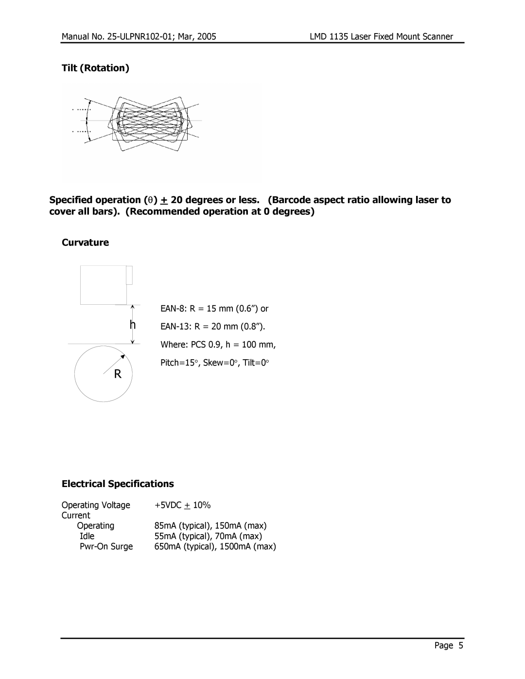 Opticon LMD 1135 user manual JAN 13 R = 30 mm 1.2 or, Electrical Specifications 