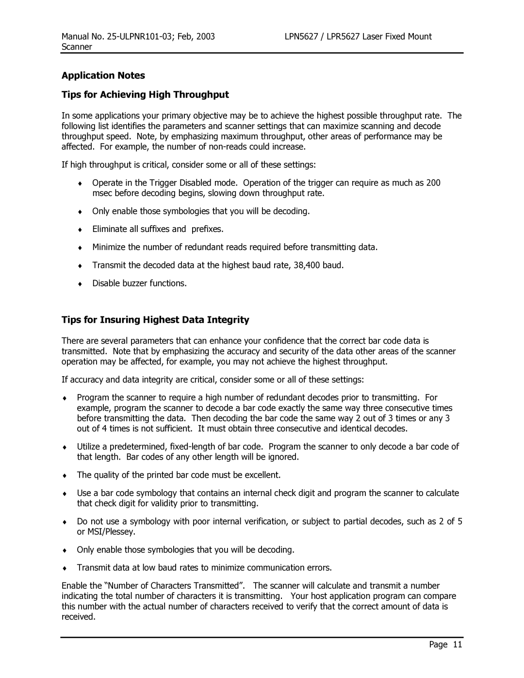 Opticon LPN5627, LPR5627 Application Notes Tips for Achieving High Throughput, Tips for Insuring Highest Data Integrity 