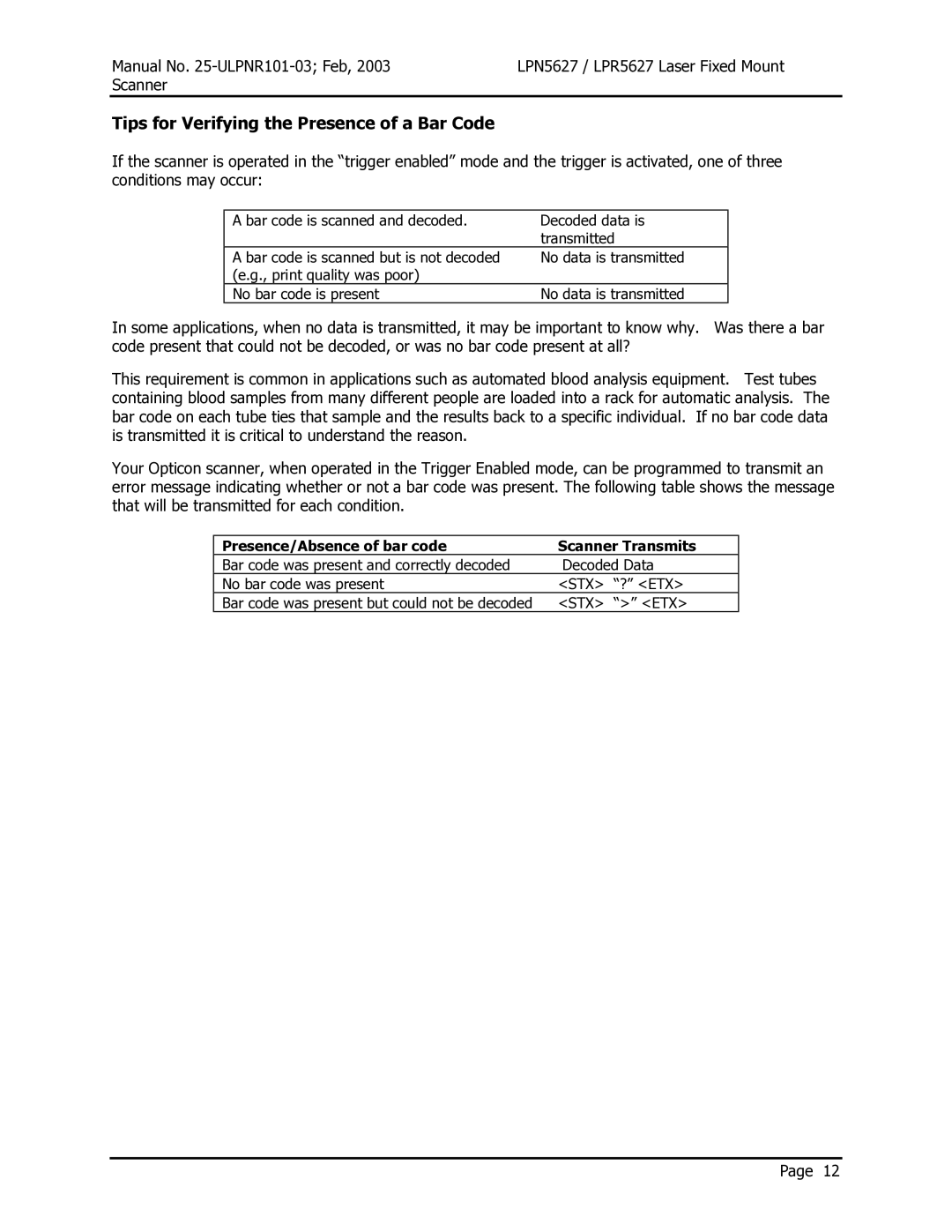 Opticon LPR5627, LPN5627 Tips for Verifying the Presence of a Bar Code, Presence/Absence of bar code Scanner Transmits 