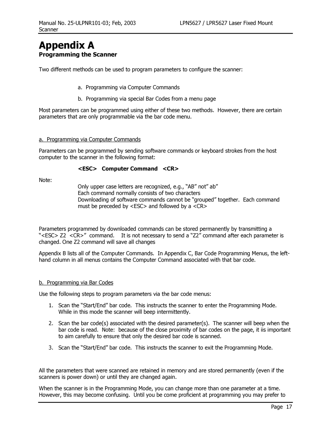 Opticon LPN5627, LPR5627 user manual Programming the Scanner, ESC Computer Command CR 