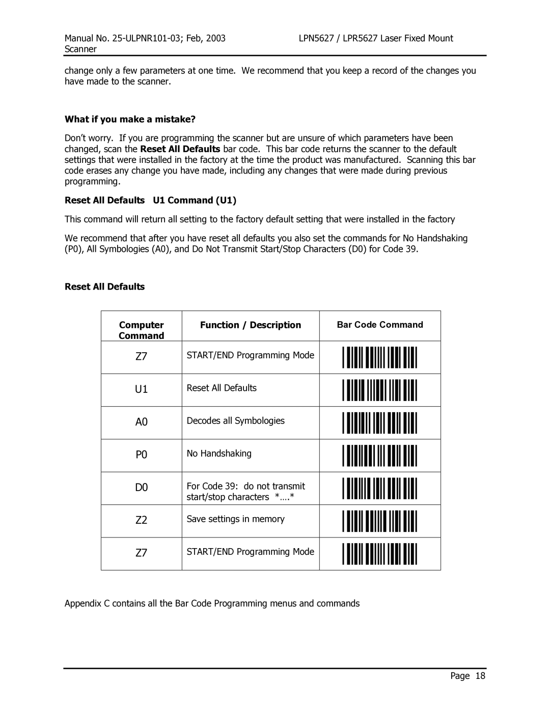 Opticon LPR5627, LPN5627 user manual What if you make a mistake?, Reset All Defaults U1 Command U1 