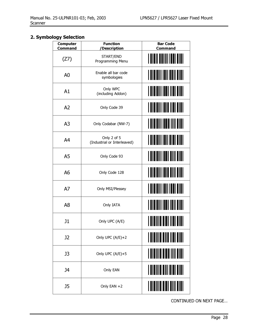 Opticon LPR5627, LPN5627 user manual Symbology Selection 