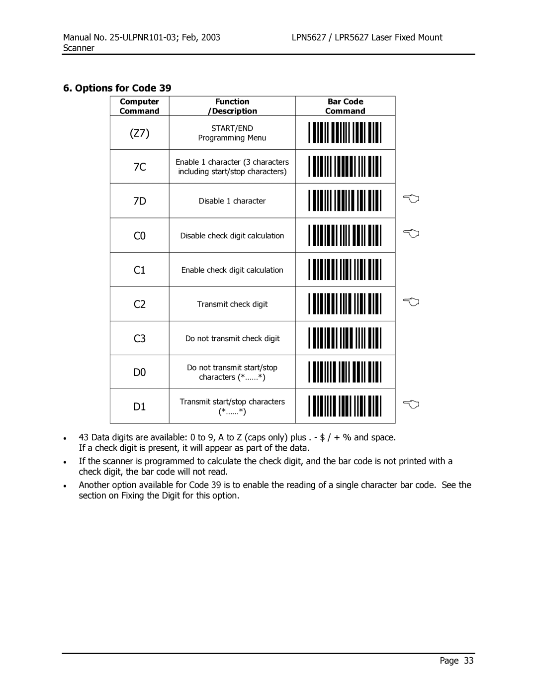 Opticon LPN5627, LPR5627 user manual Options for Code 