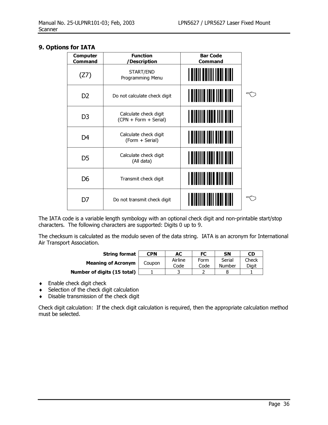 Opticon LPR5627, LPN5627 user manual Options for Iata 