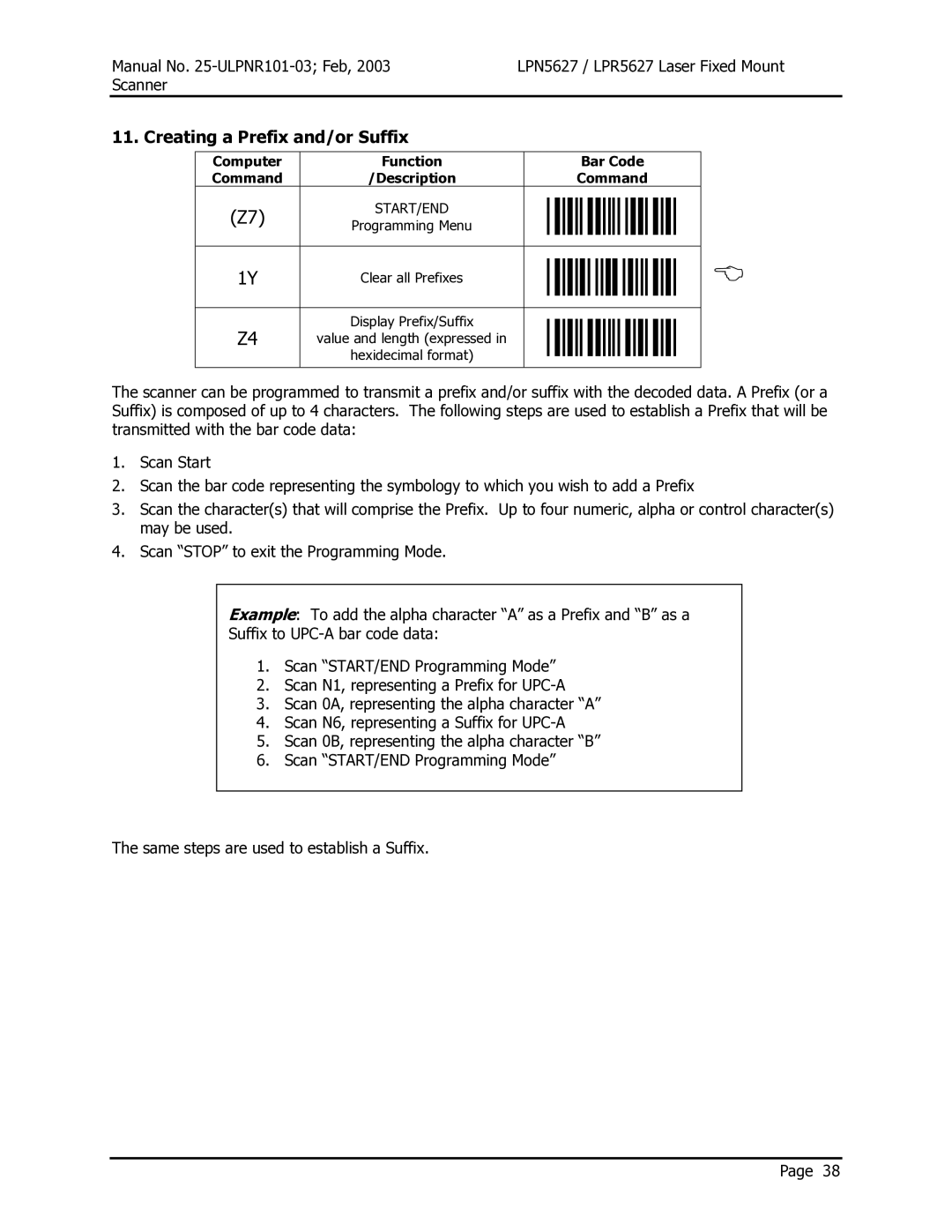 Opticon LPR5627, LPN5627 user manual Creating a Prefix and/or Suffix 