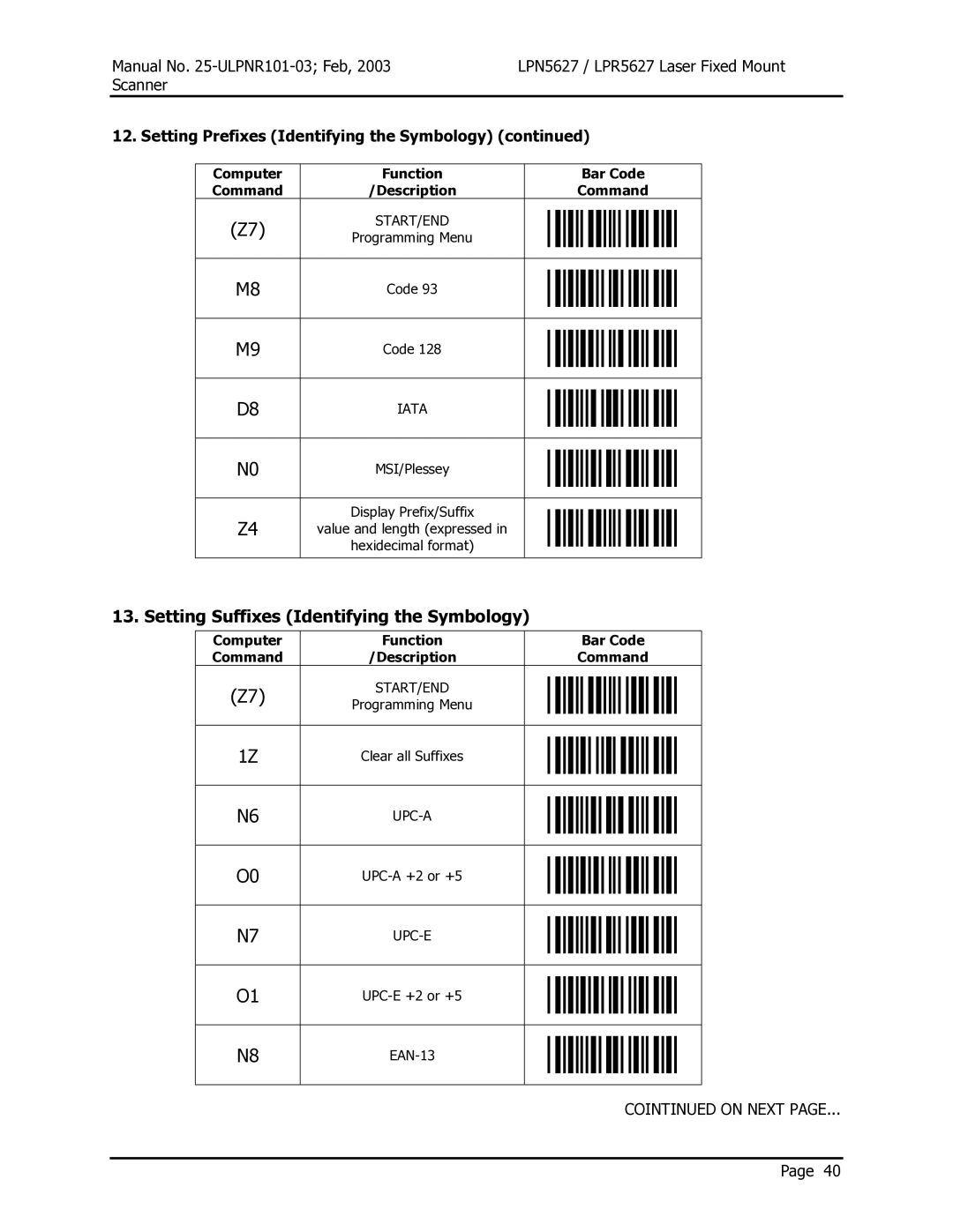 Opticon LPR5627, LPN5627 user manual Setting Suffixes Identifying the Symbology, Setting Prefixes Identifying the Symbology 