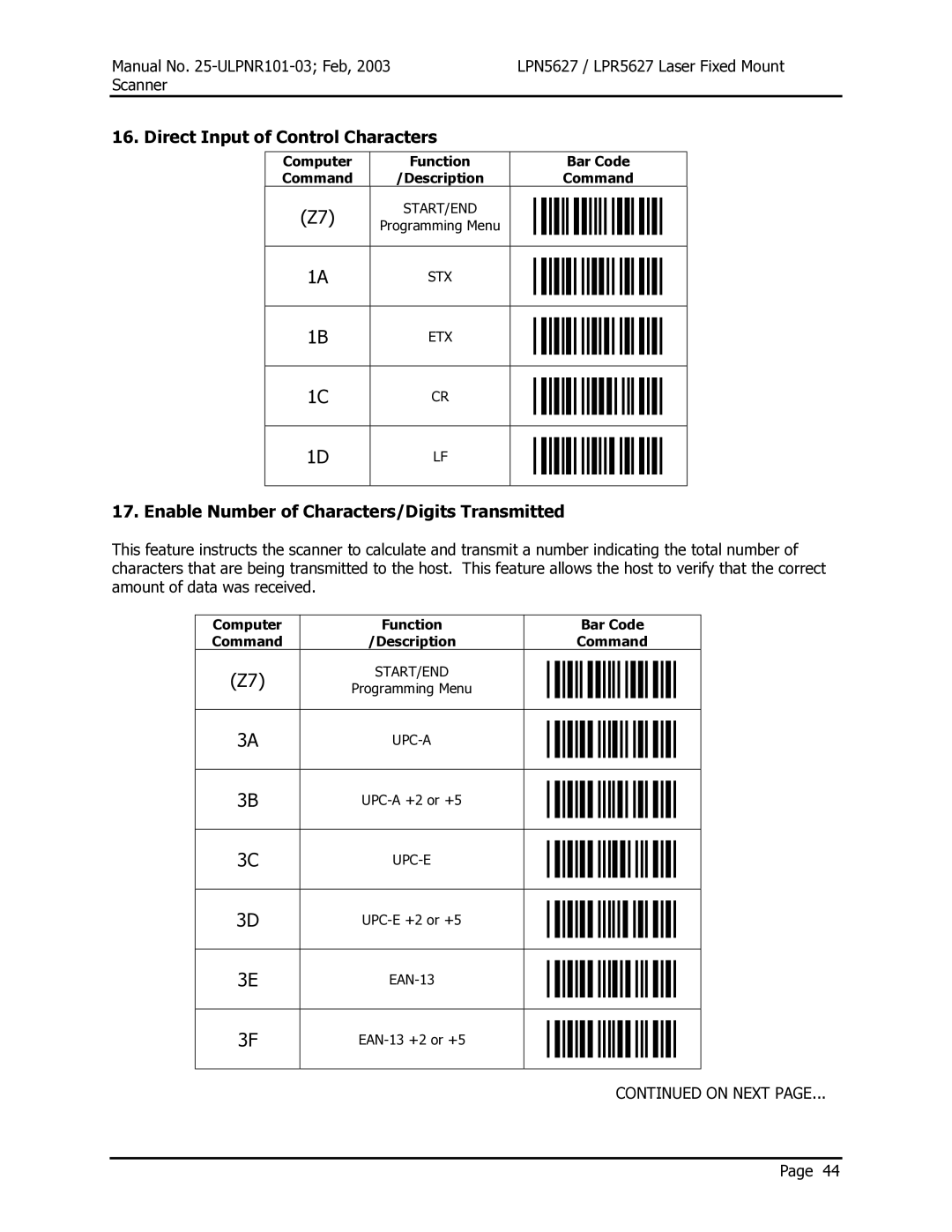 Opticon LPR5627, LPN5627 user manual Direct Input of Control Characters, Enable Number of Characters/Digits Transmitted 