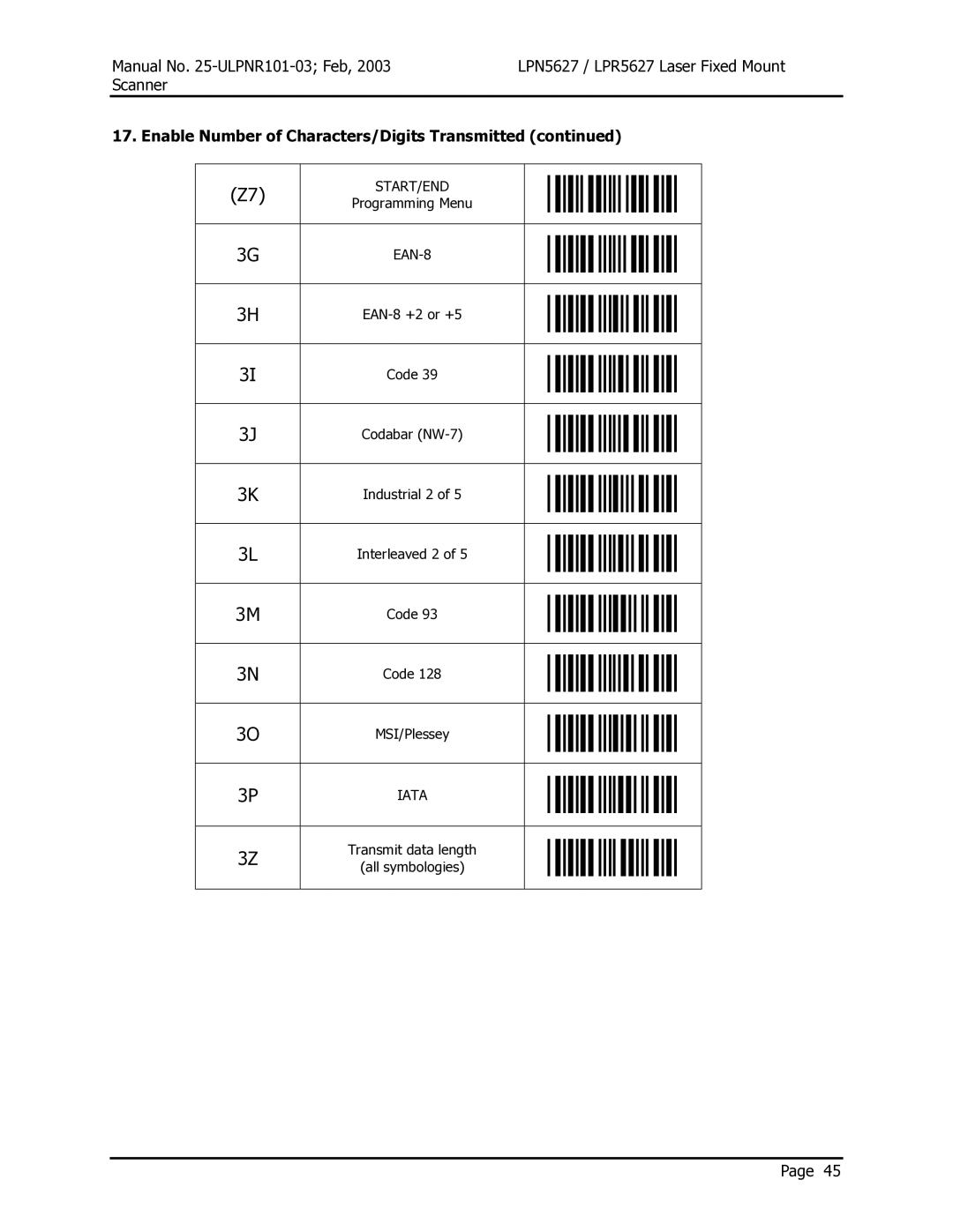 Opticon LPN5627, LPR5627 user manual Enable Number of Characters/Digits Transmitted 