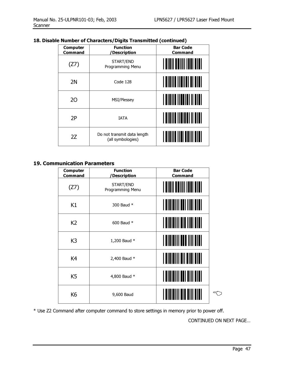 Opticon LPN5627, LPR5627 user manual Communication Parameters, Disable Number of Characters/Digits Transmitted 