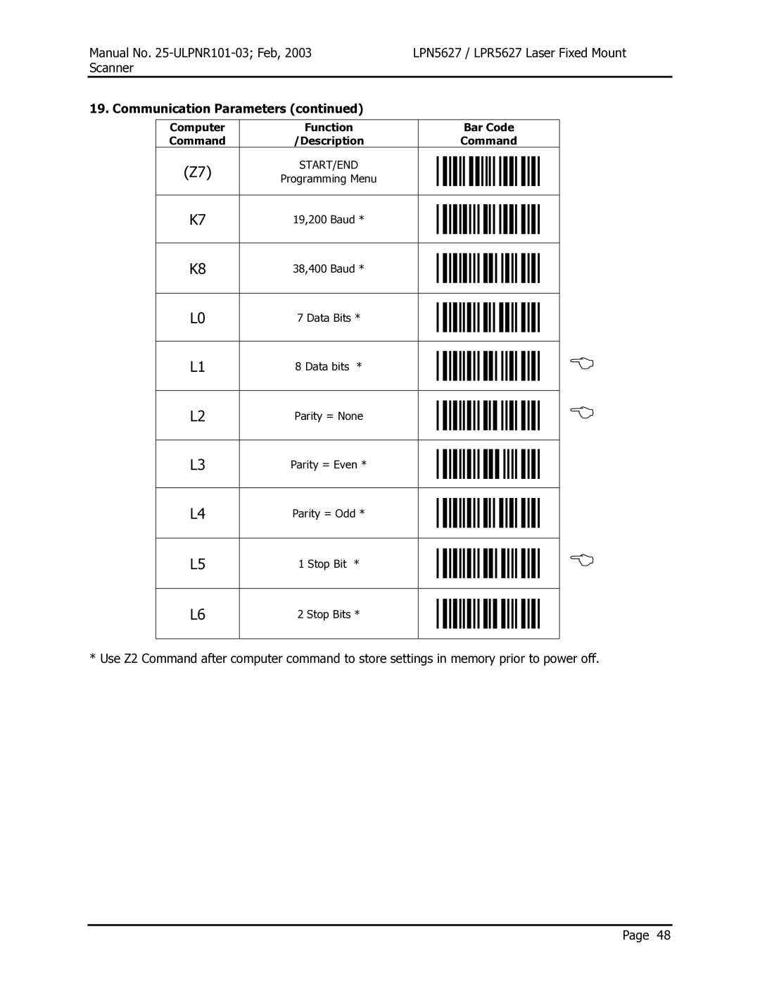 Opticon LPR5627, LPN5627 user manual Communication Parameters 