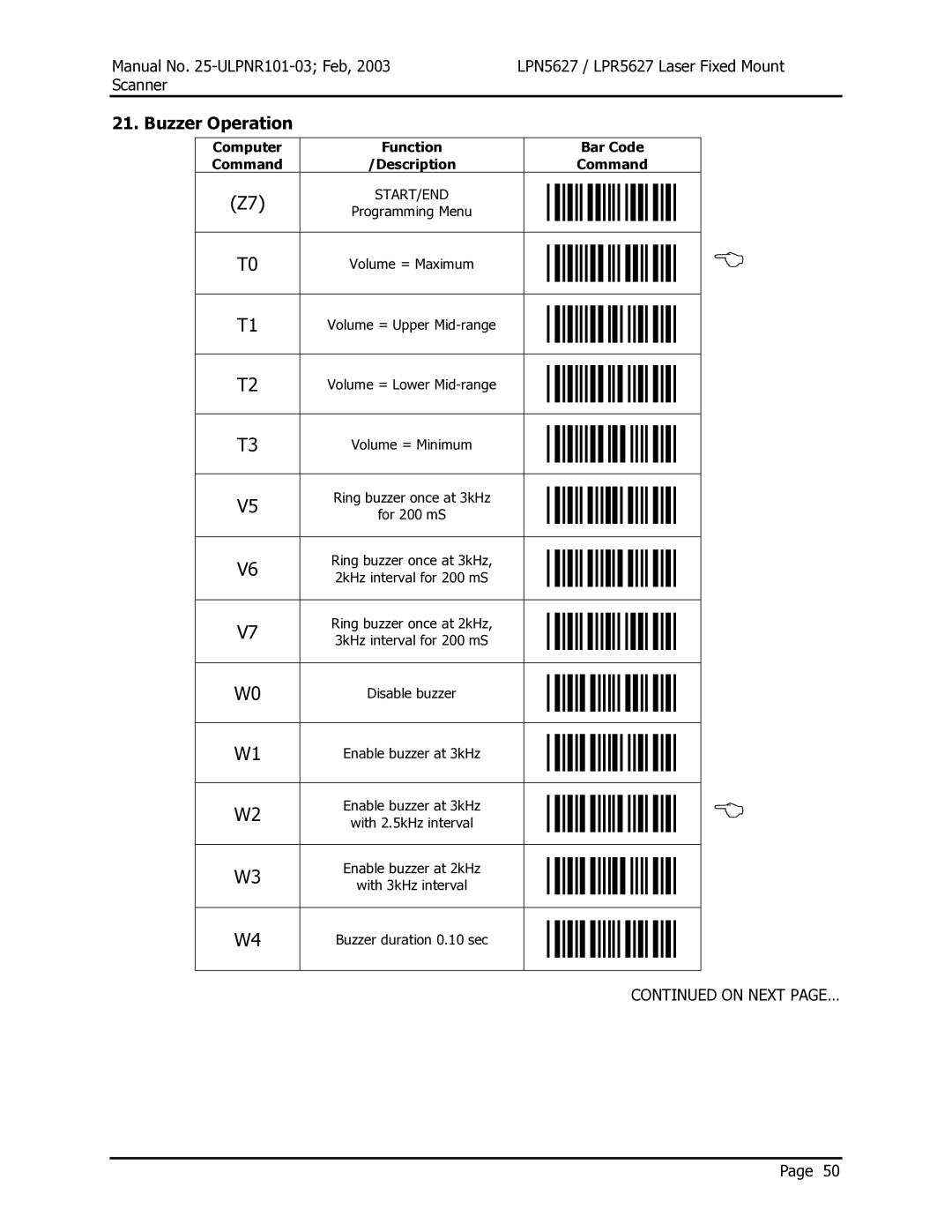 Opticon LPR5627, LPN5627 user manual Buzzer Operation, Disable buzzer 