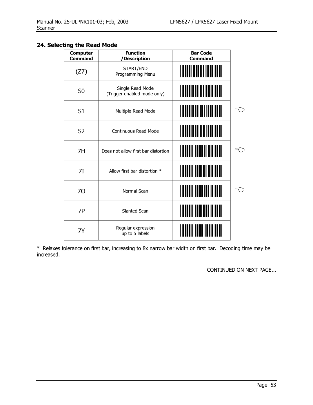 Opticon LPN5627, LPR5627 user manual Selecting the Read Mode 