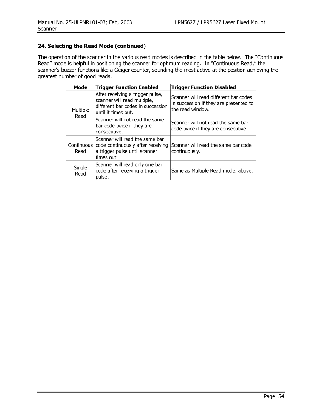 Opticon LPR5627, LPN5627 user manual Selecting the Read Mode, Trigger Function Enabled Trigger Function Disabled 