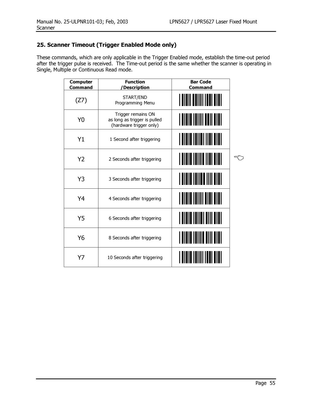 Opticon LPN5627, LPR5627 user manual Scanner Timeout Trigger Enabled Mode only 