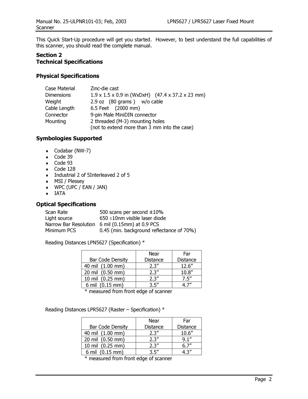 Opticon LPR5627 Section Technical Specifications Physical Specifications, Symbologies Supported, Optical Specifications 