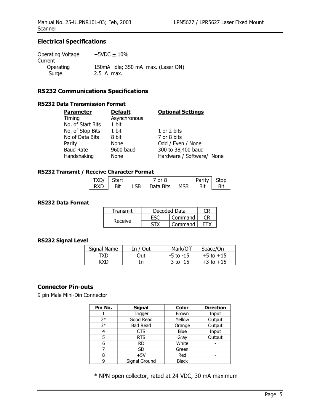 Opticon LPN5627, LPR5627 user manual Electrical Specifications, RS232 Communications Specifications, Connector Pin-outs 