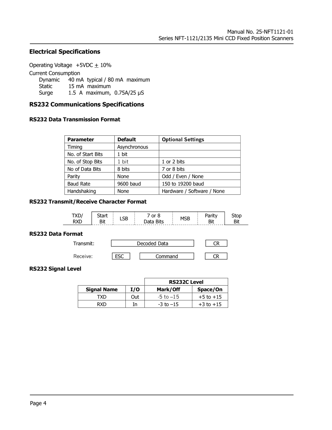 Opticon NFT 1125, NFT 2135 manual Electrical Specifications, RS232 Communications Specifications 