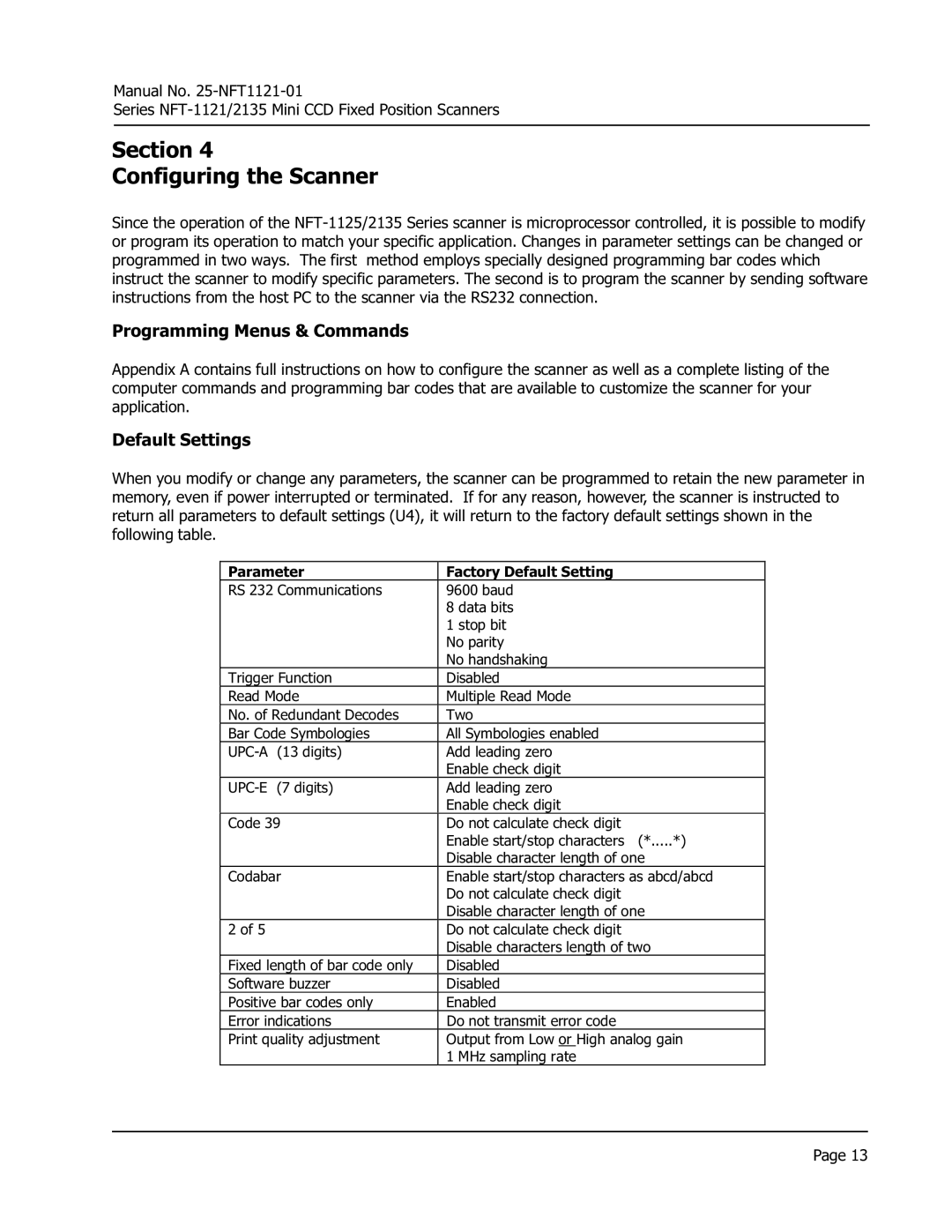 Opticon NFT 2135, NFT 1125 manual Section Configuring the Scanner, Programming Menus & Commands, Default Settings 