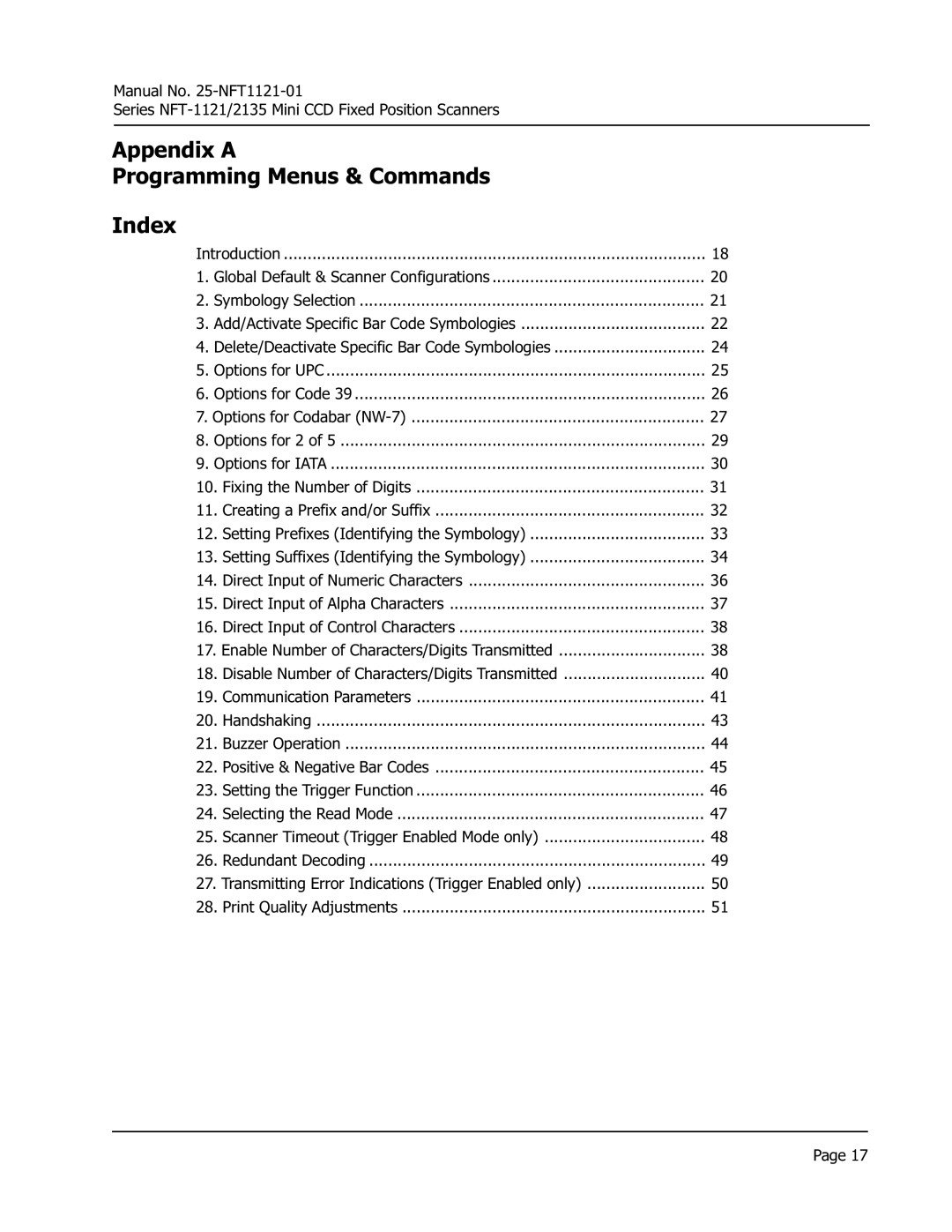 Opticon NFT 2135, NFT 1125 manual Appendix a Programming Menus & Commands Index 