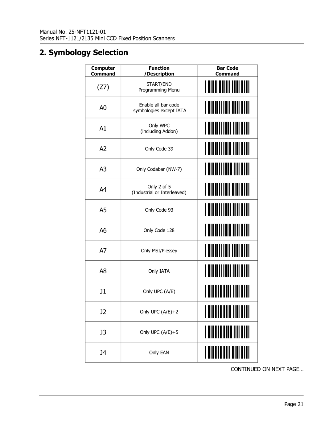 Opticon NFT 2135, NFT 1125 manual Symbology Selection 