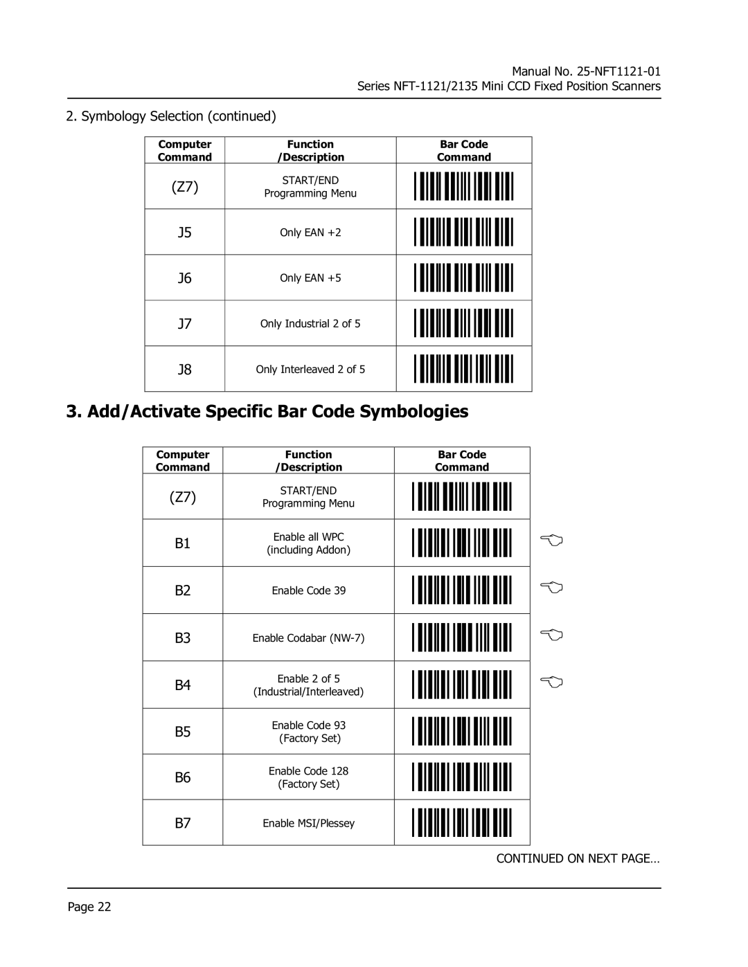 Opticon NFT 1125, NFT 2135 manual Add/Activate Specific Bar Code Symbologies, Symbology Selection 