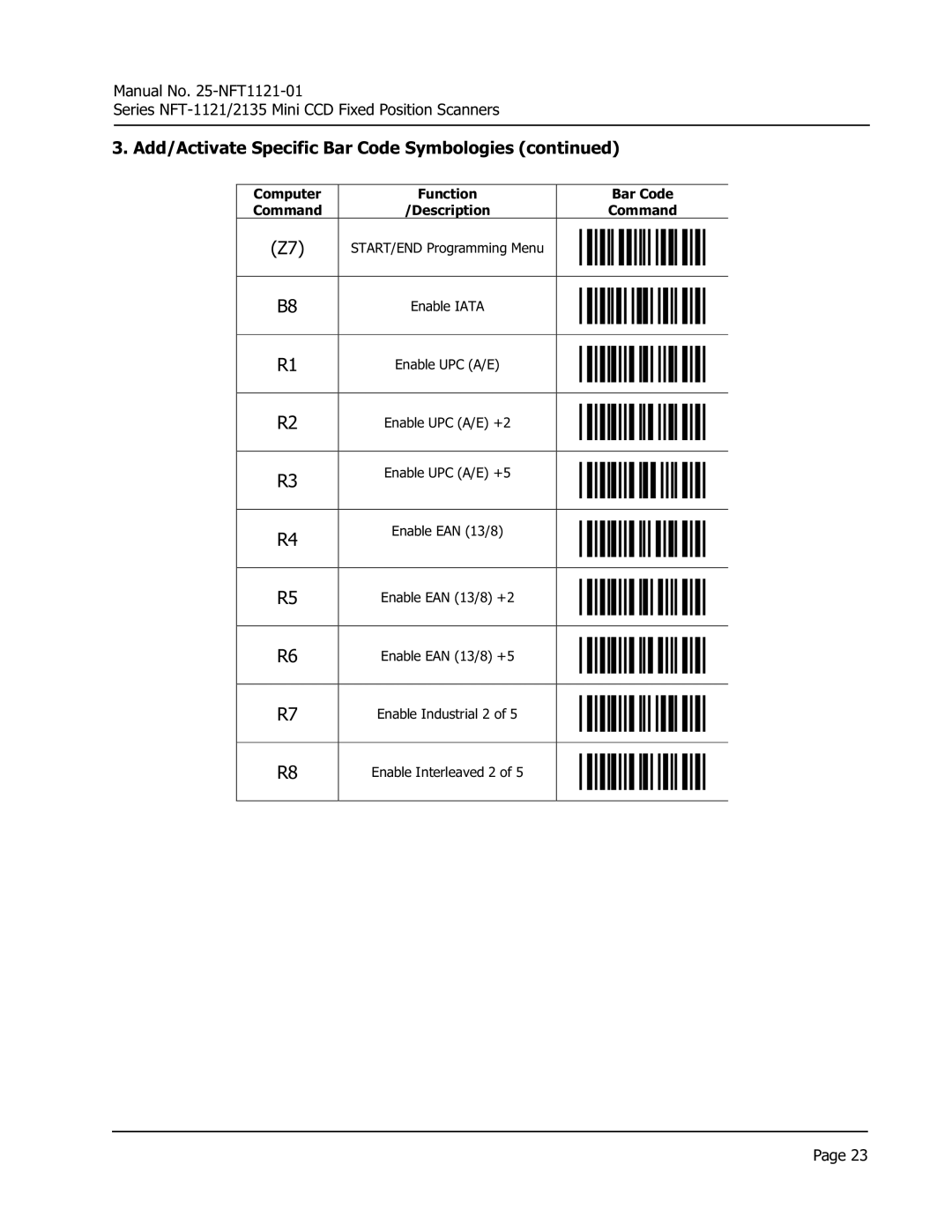 Opticon NFT 2135, NFT 1125 manual Add/Activate Specific Bar Code Symbologies 