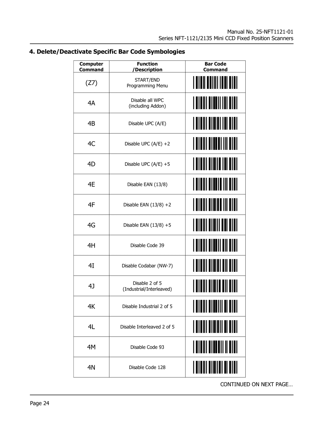 Opticon NFT 1125, NFT 2135 manual Delete/Deactivate Specific Bar Code Symbologies 