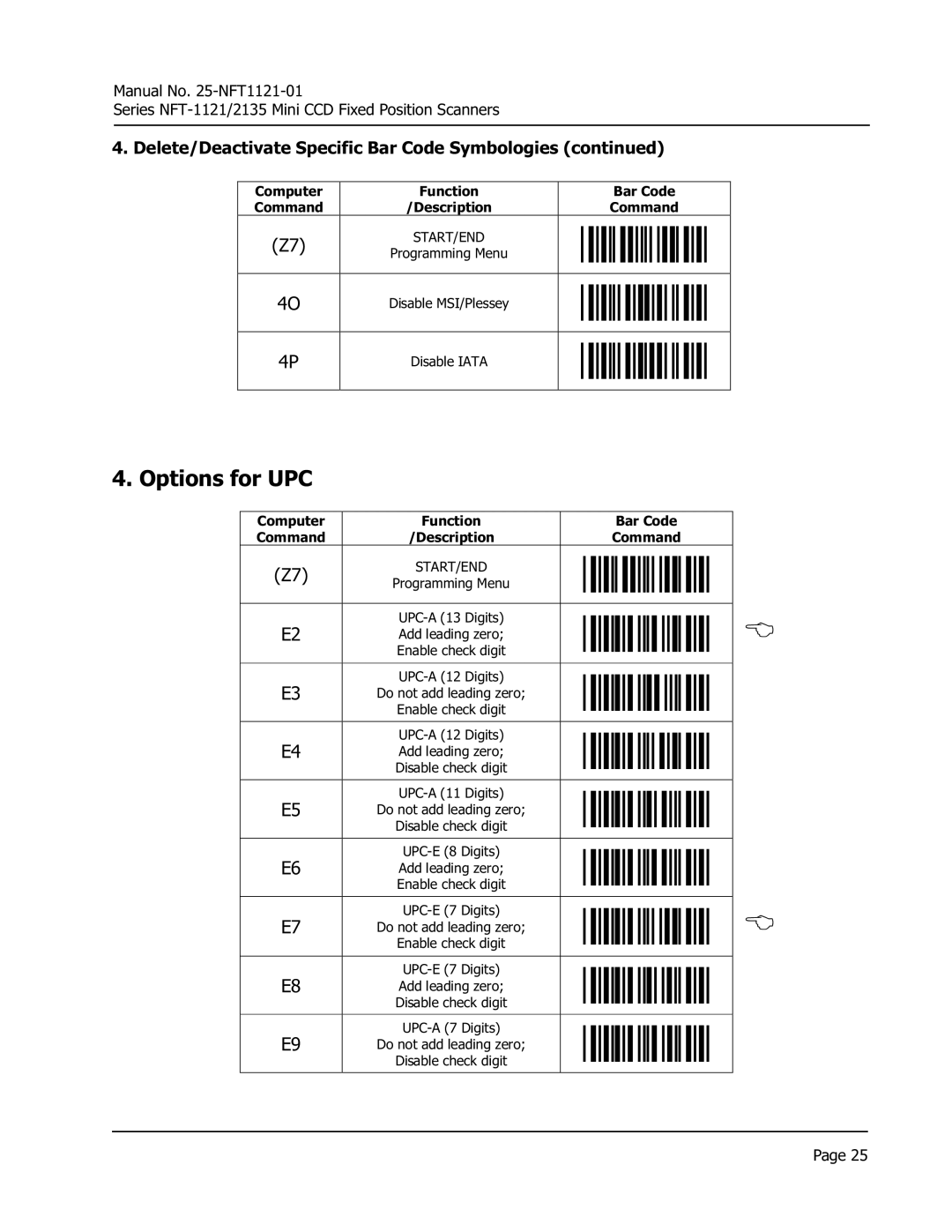 Opticon NFT 2135, NFT 1125 manual Options for UPC 