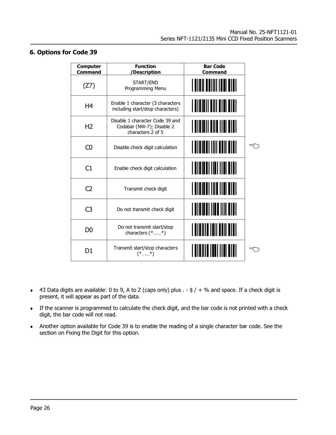 Opticon NFT 1125, NFT 2135 manual Options for Code 