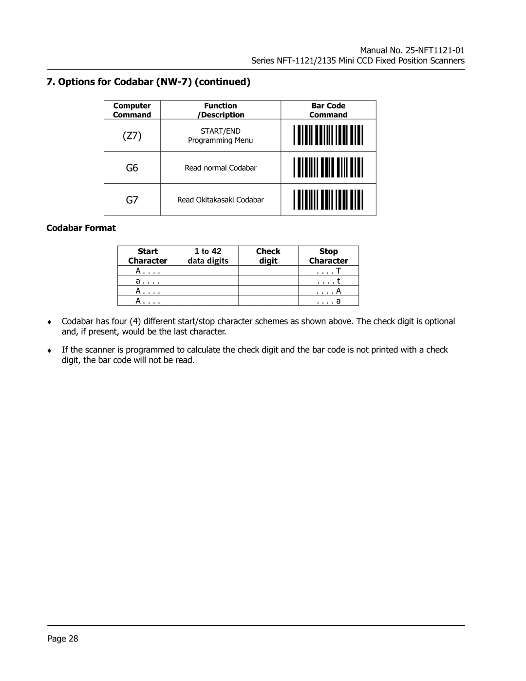 Opticon NFT 1125, NFT 2135 manual Options for Codabar NW-7 