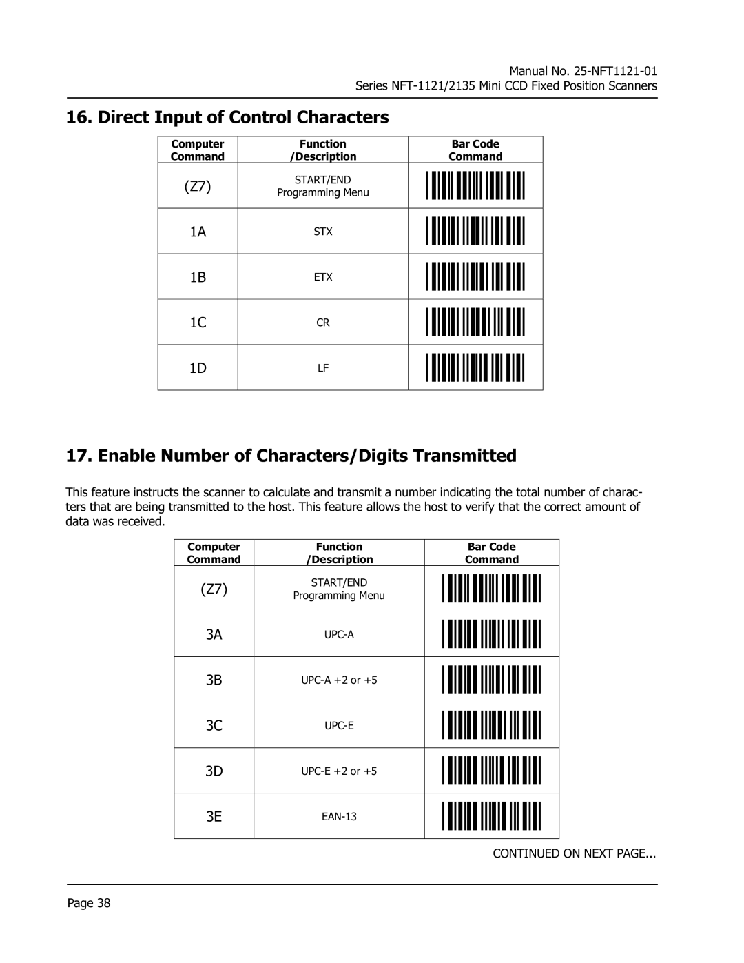 Opticon NFT 1125, NFT 2135 manual Direct Input of Control Characters, Enable Number of Characters/Digits Transmitted 