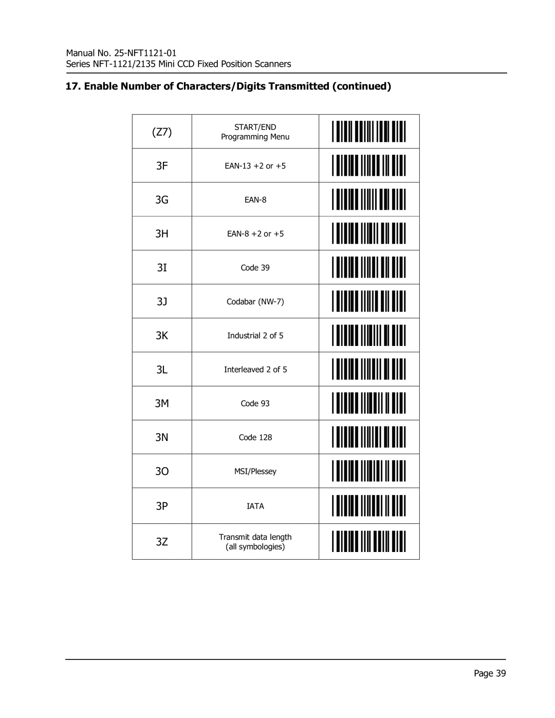 Opticon NFT 2135, NFT 1125 manual Enable Number of Characters/Digits Transmitted, Start/End 