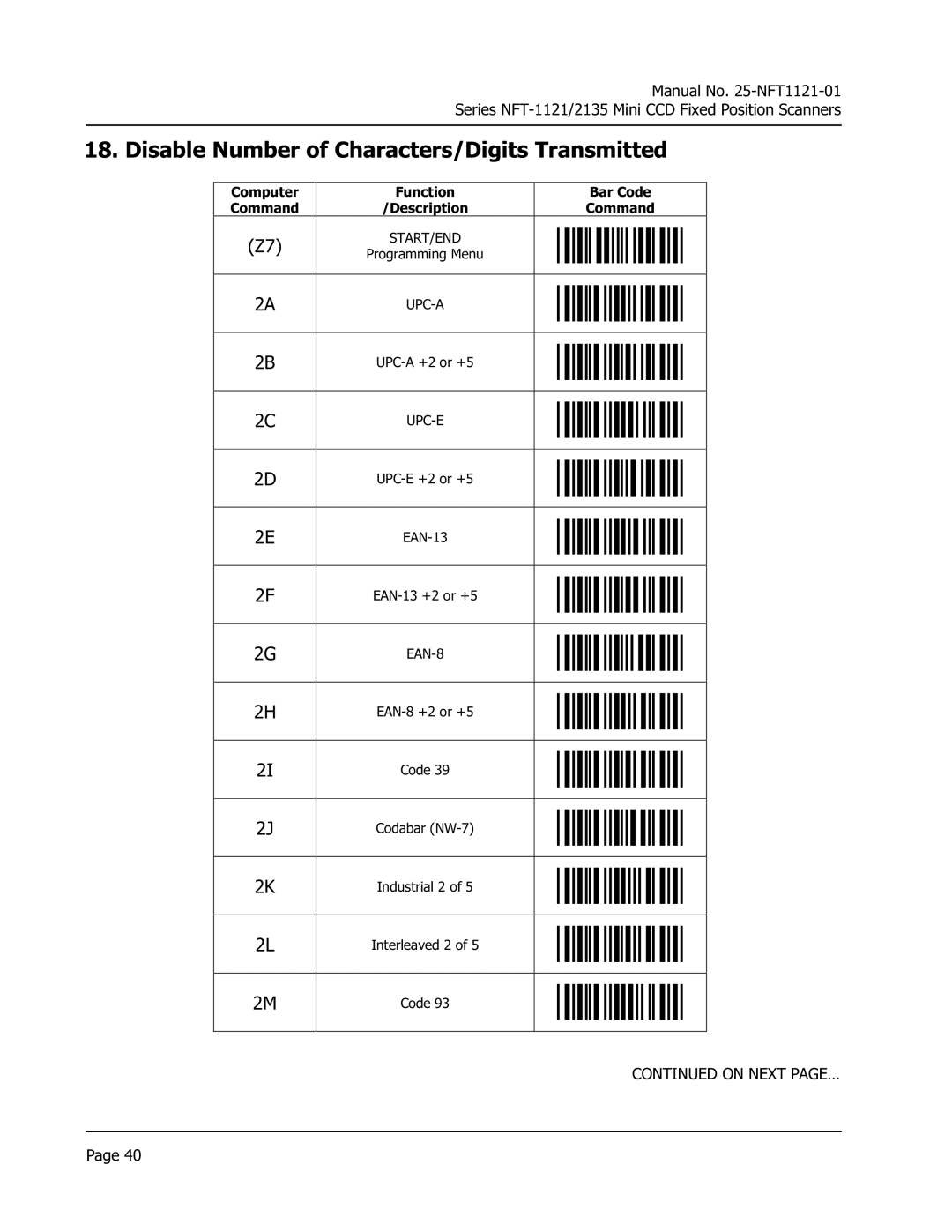 Opticon NFT 1125, NFT 2135 manual Disable Number of Characters/Digits Transmitted 