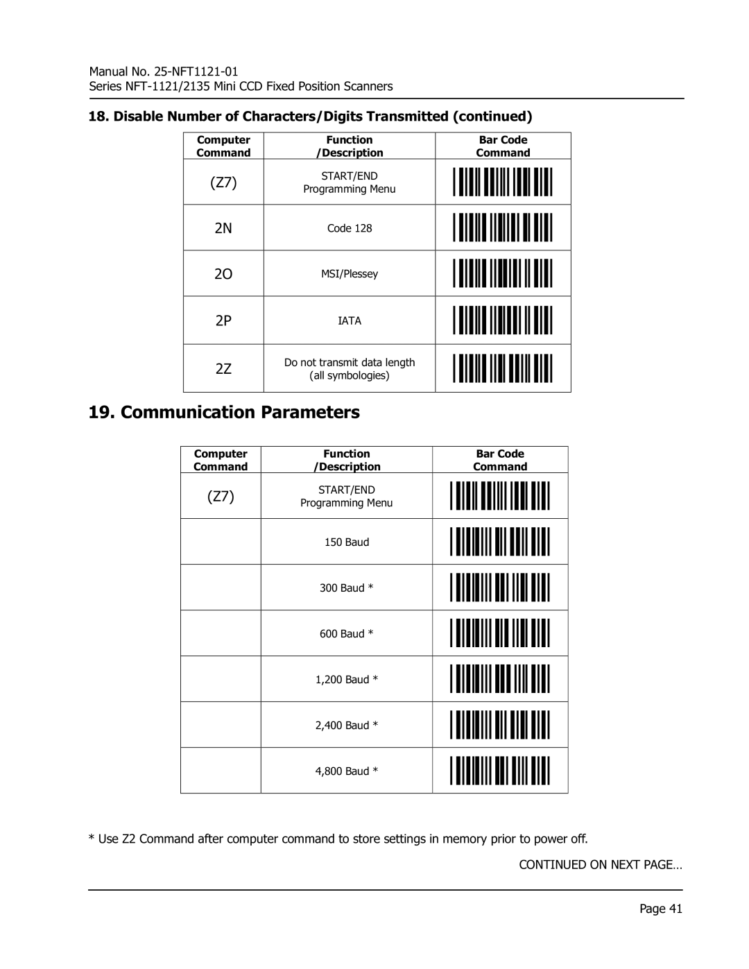 Opticon NFT 2135, NFT 1125 manual Communication Parameters, Disable Number of Characters/Digits Transmitted 