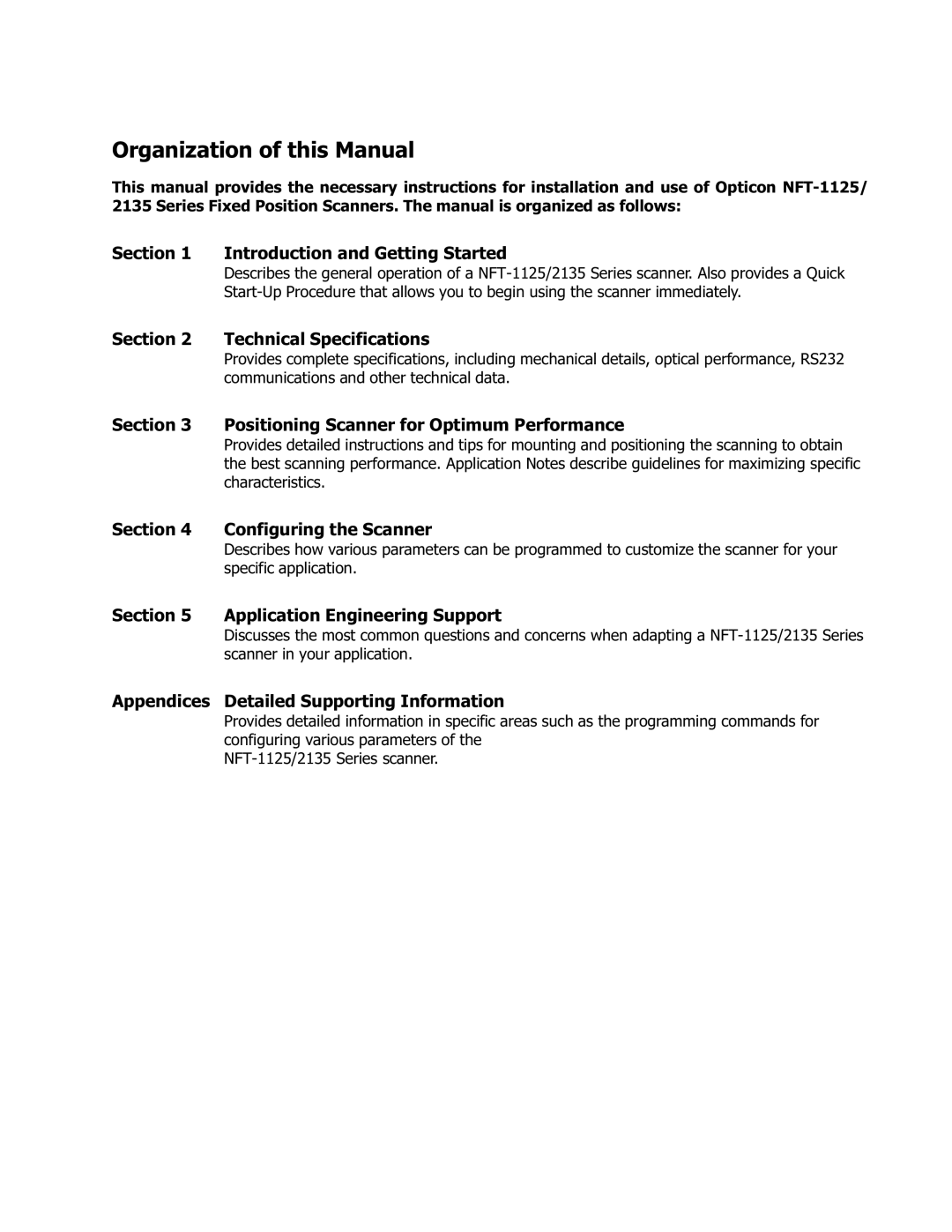 Opticon NFT 2135, NFT 1125 manual Organization of this Manual 