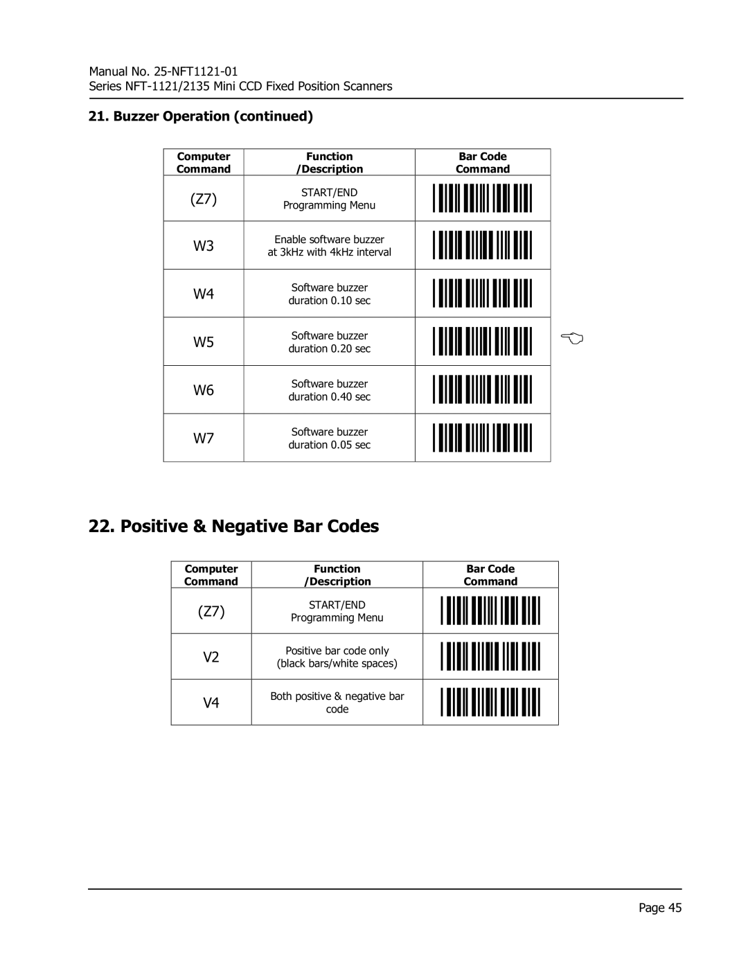 Opticon NFT 2135, NFT 1125 manual Positive & Negative Bar Codes, Buzzer Operation 