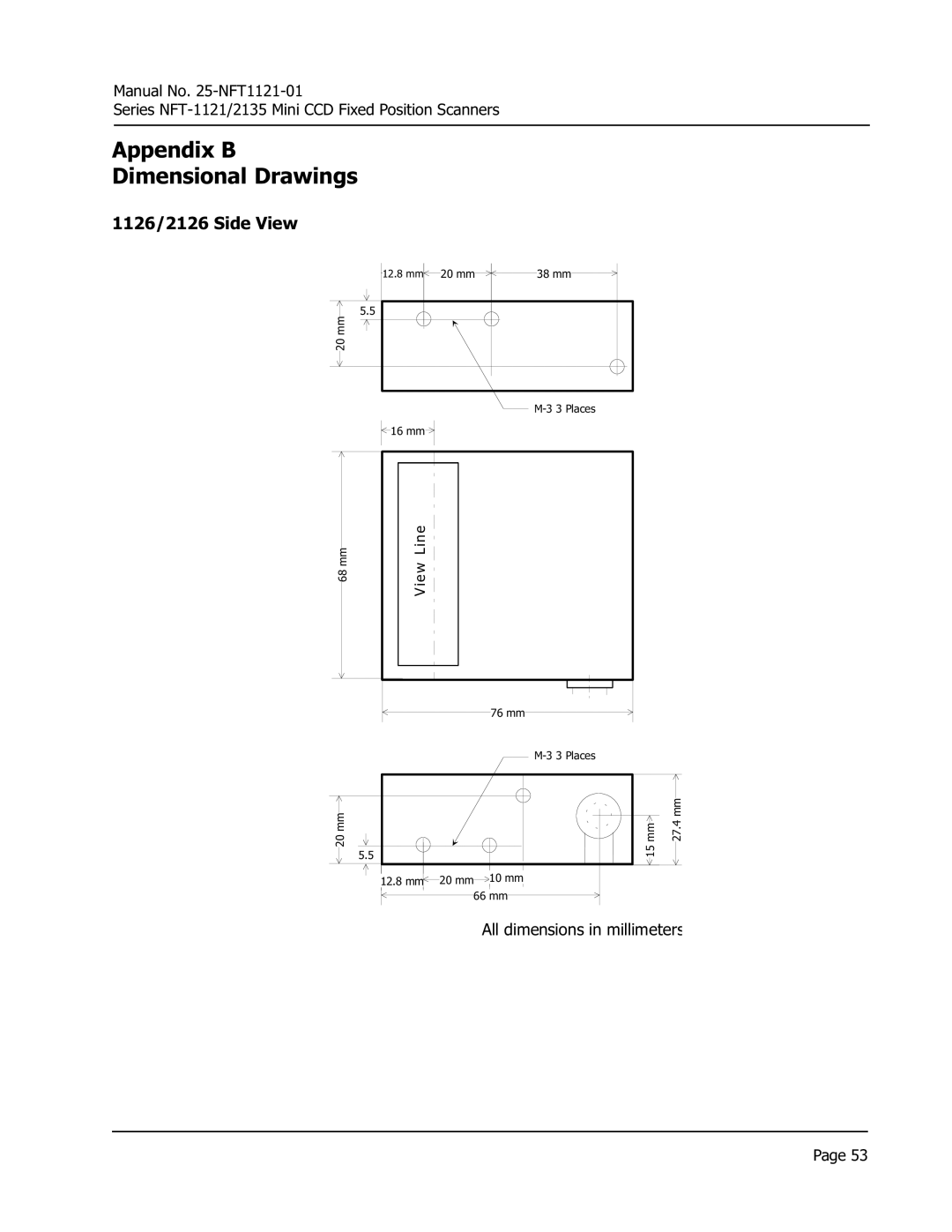 Opticon NFT 2135, NFT 1125 manual Appendix B Dimensional Drawings, 1126/2126 Side View 