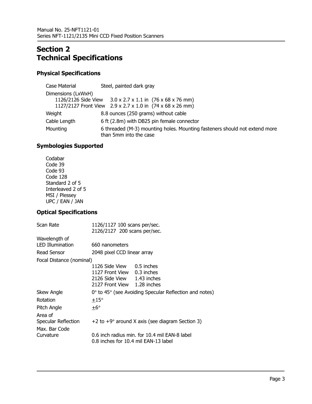 Opticon NFT 2135 Section Technical Specifications, Physical Specifications, Symbologies Supported, Optical Specifications 