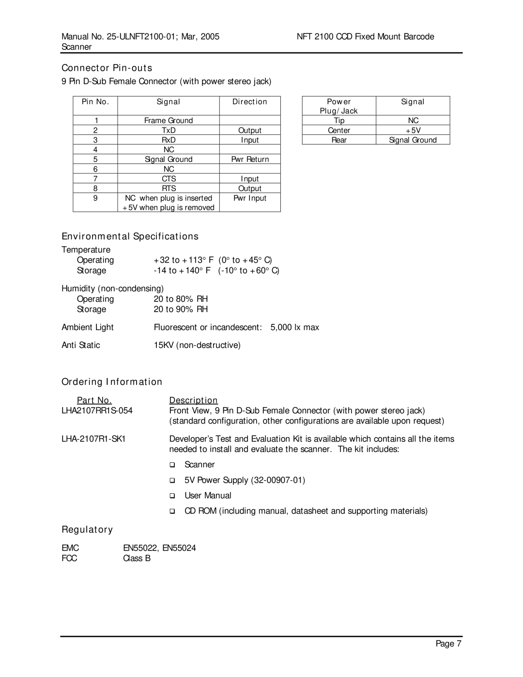 Opticon NFT 2100 manual Connector Pin-outs, Environmental Specifications, Ordering Information, Regulatory, Description 