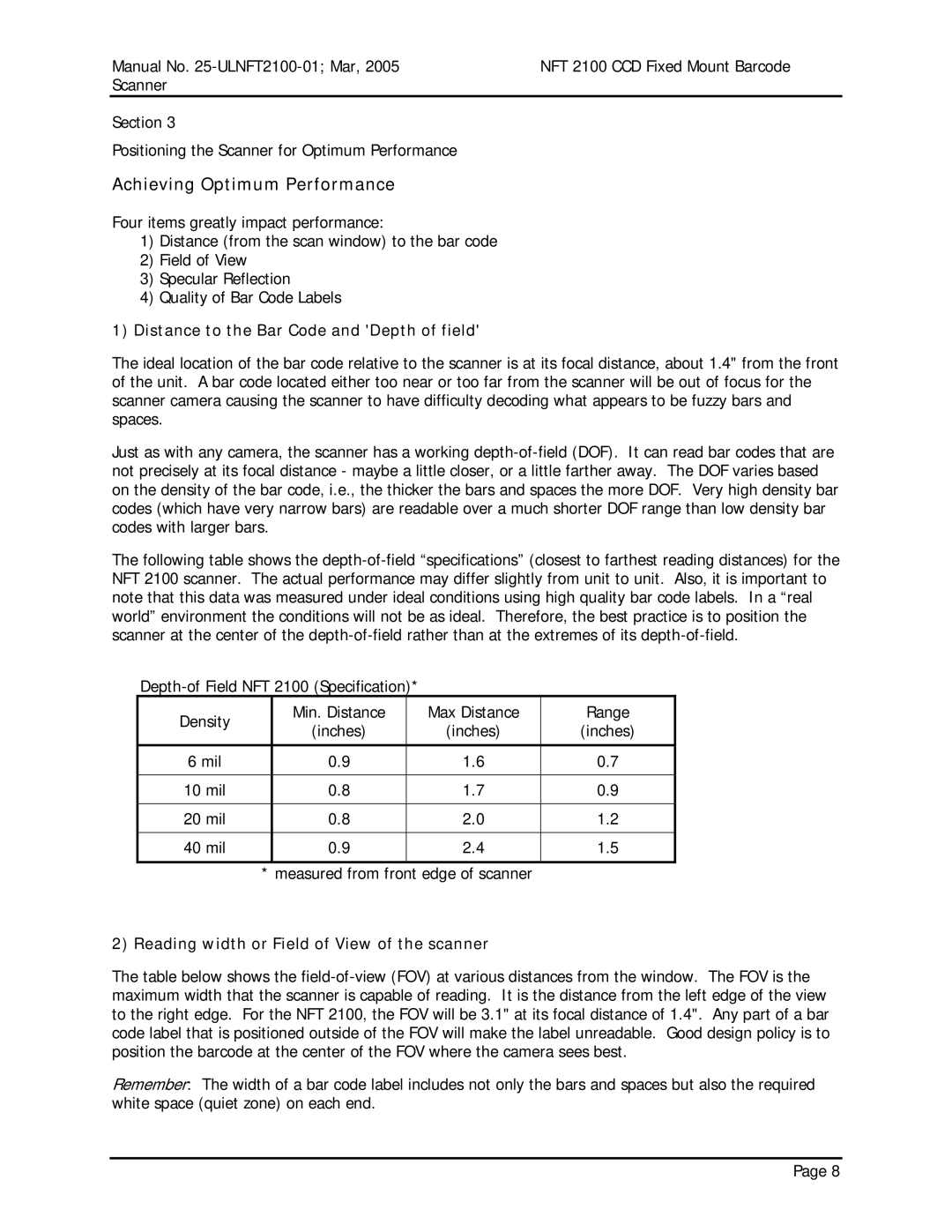 Opticon NFT 2100 manual Achieving Optimum Performance, Distance to the Bar Code and Depth of field 