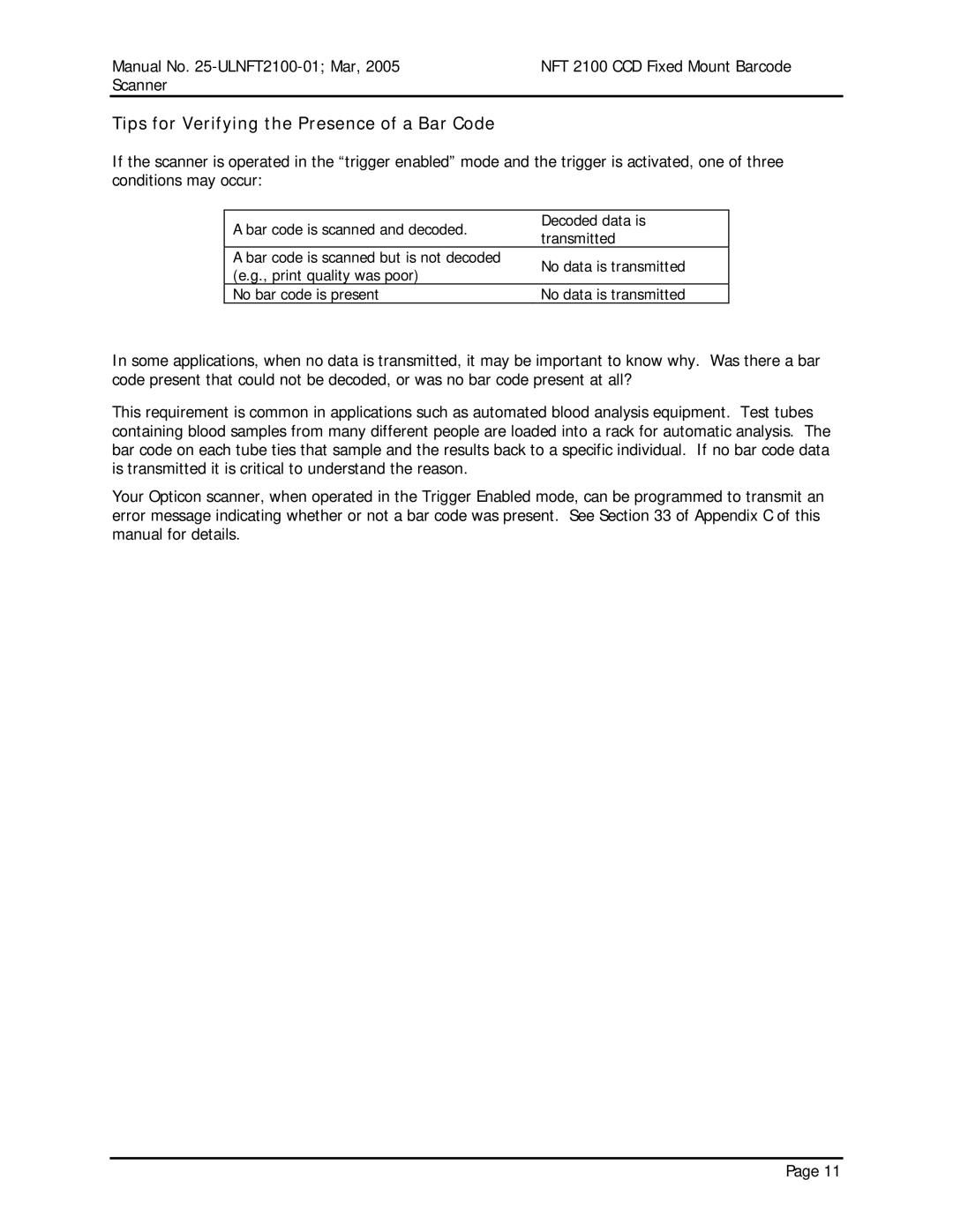 Opticon NFT 2100 manual Tips for Verifying the Presence of a Bar Code 