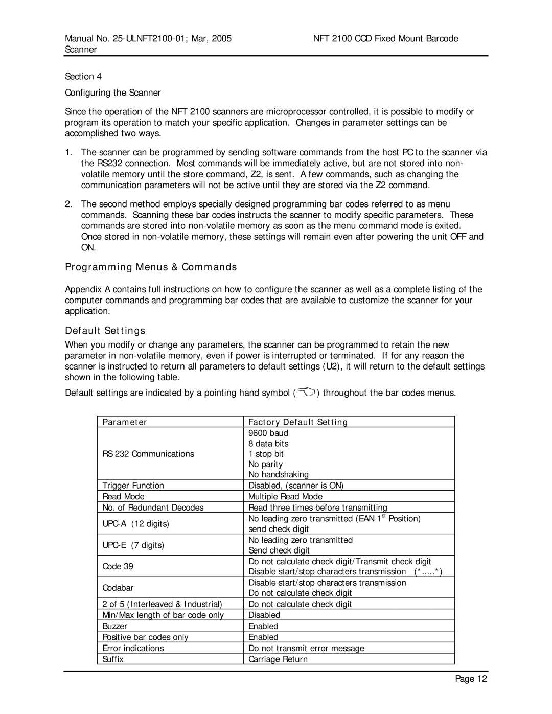 Opticon NFT 2100 manual Programming Menus & Commands, Default Settings, Parameter Factory Default Setting 